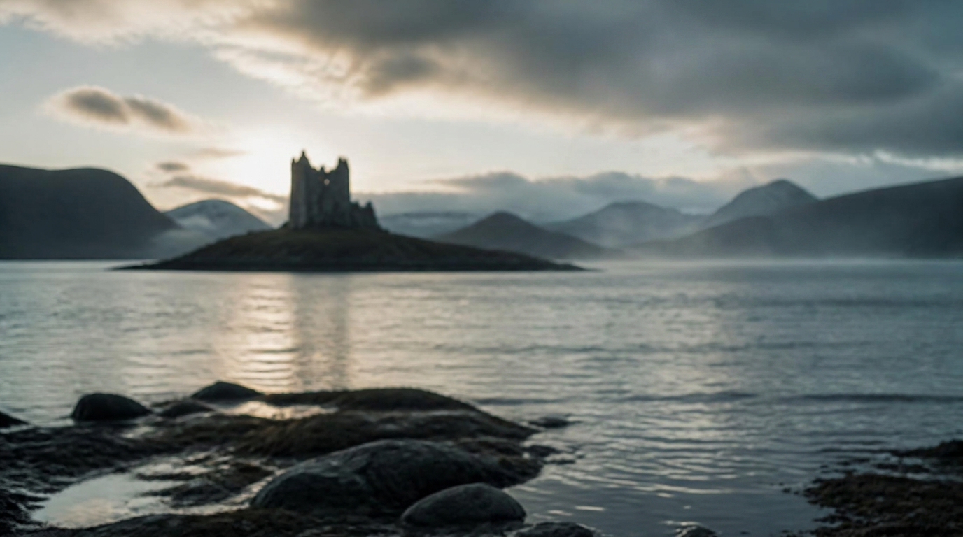Scottish loch with castle — Highlanderess key art